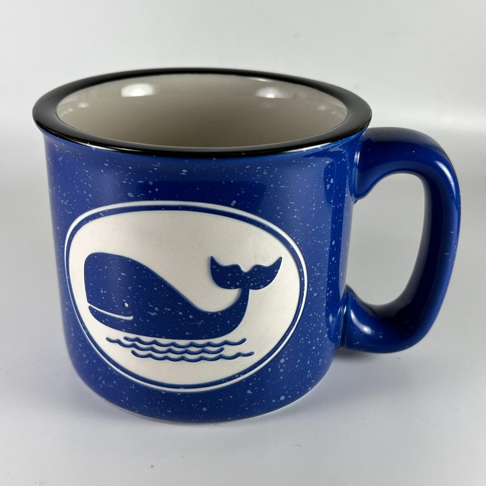 Whale Coffee Mug Cup Etched Stoneware Blue White Cape Shore Yarmouth Maine